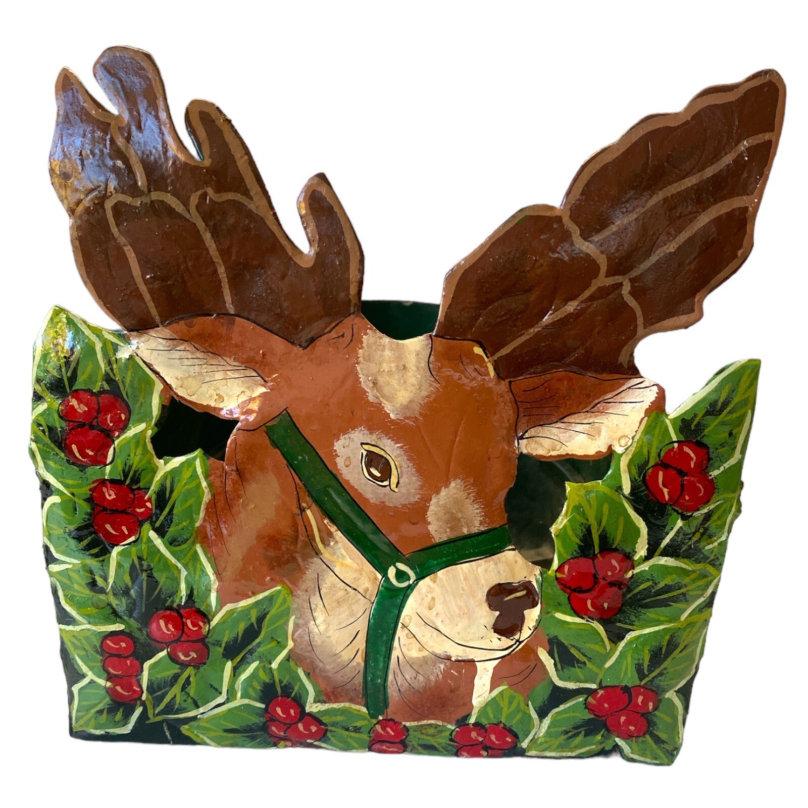 Vintage Metal Hand Painted Enamel Wall Pocket Reindeer Holly Berries Christmas Vintage Metal Hand Painted Enamel Wall Pocket Reindeer Holly Berries Christmas