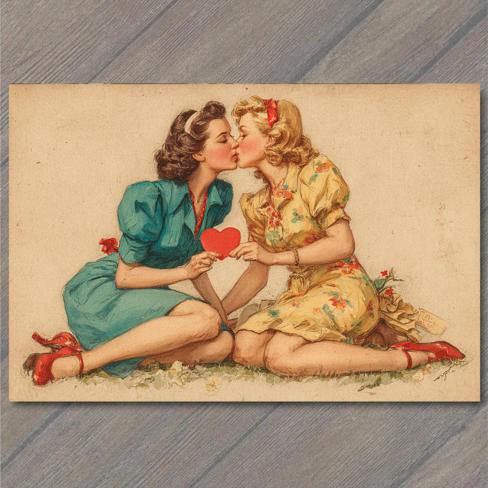 POSTCARD Retro Romantic Women Kiss Heart Floral Love POSTCARD Retro Romantic Women Kiss Heart Floral Love