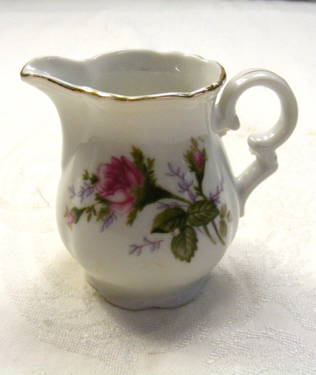 Vintage Porcelain 5oz Creamer Decorative Rose Design Gold Toned Trim 2-c