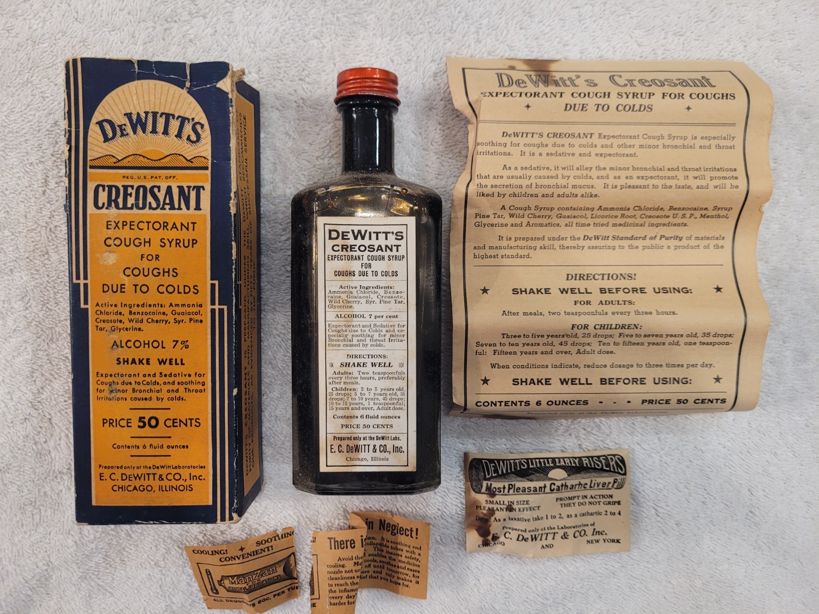 Vintage DeWitt's Creosant Cough Syrup Bottle w/ Box Insert Paperwork Pharmacy Ad