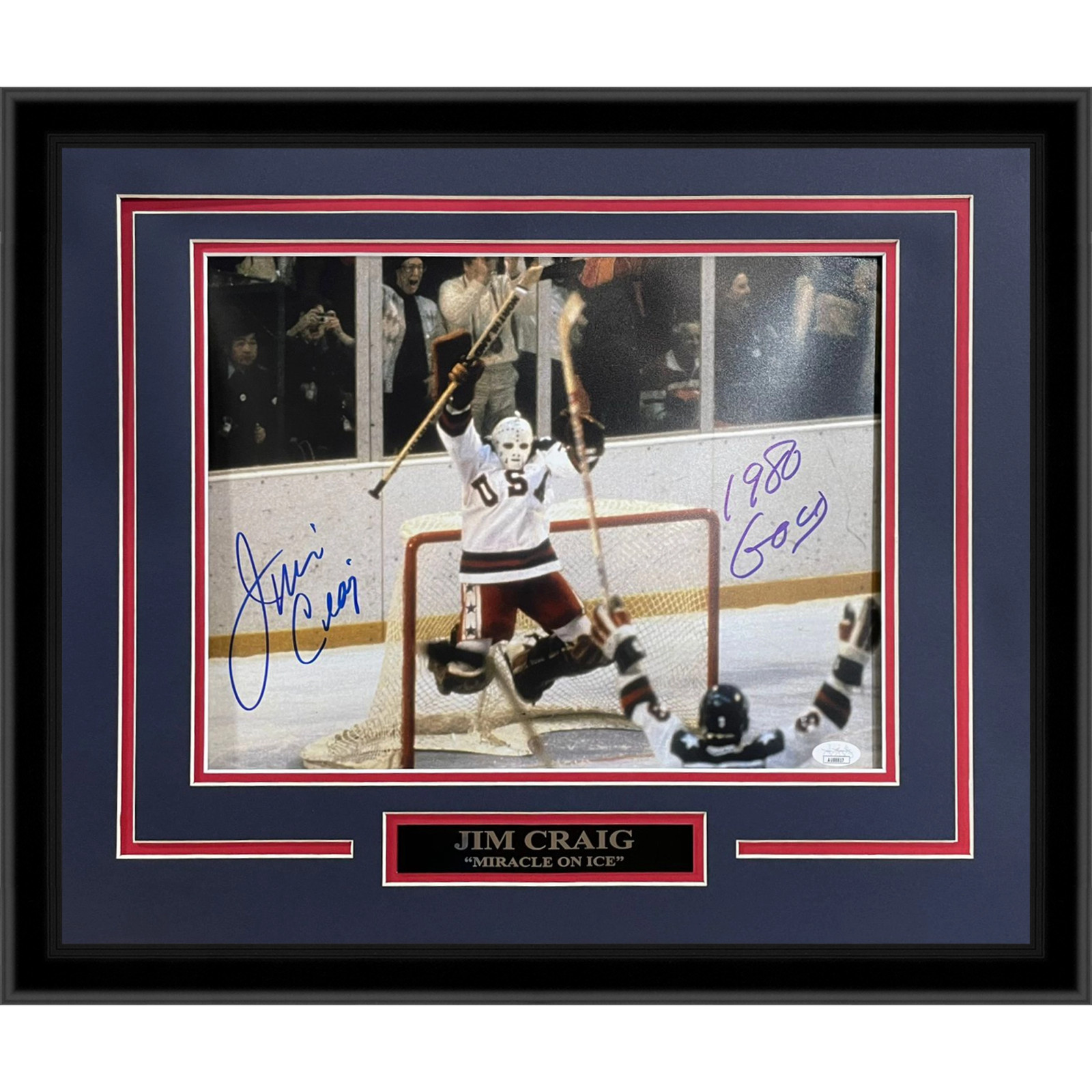 Jim Craig Autographed 1980 USA Hockey Celebration Deluxe Framed 11x14 Photo \ Jim Craig Autographed 1980 USA Hockey Celebration Deluxe Framed 11x14 Photo \