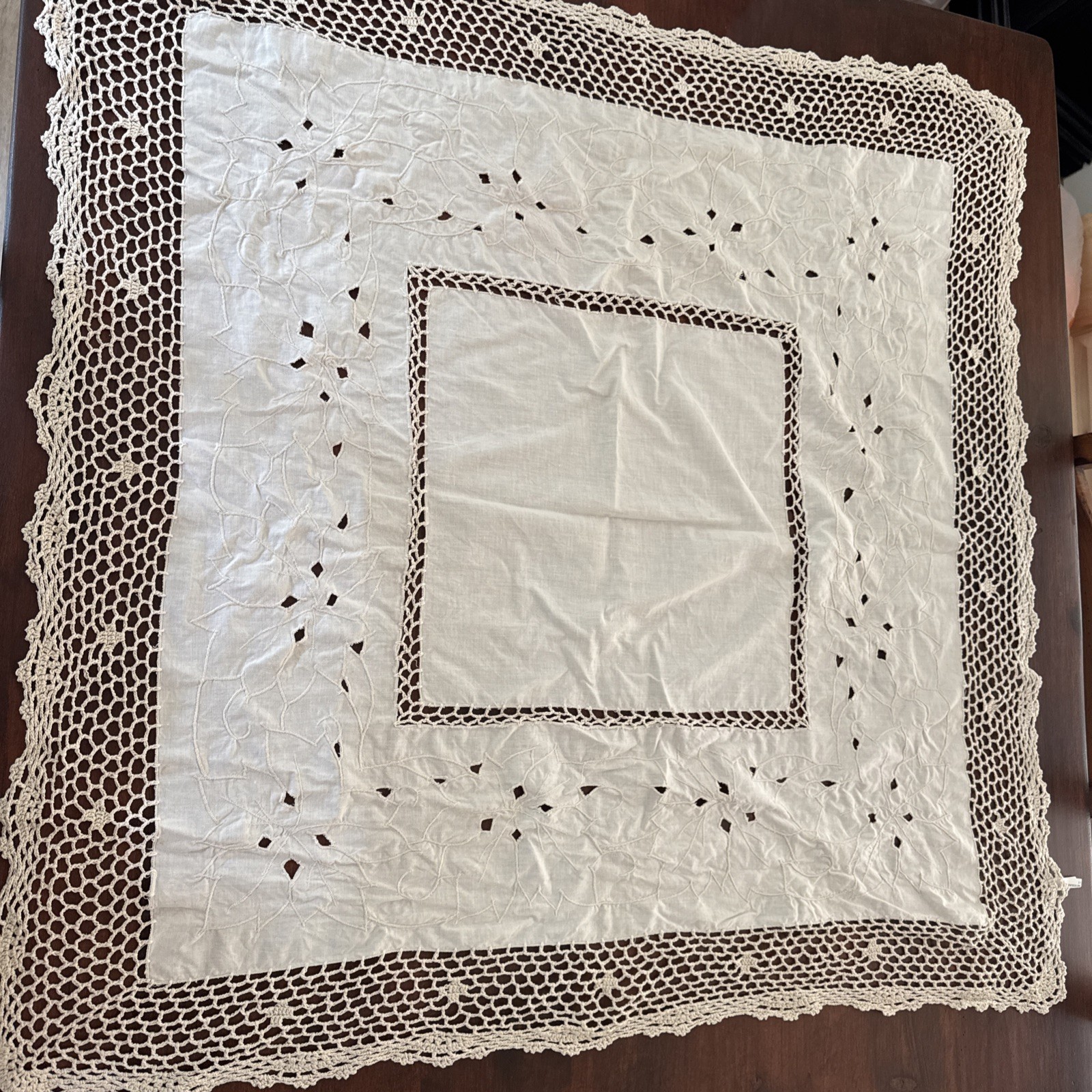 Vintage Keeco Battenburg Lace & Embroidered Square Tablecloth Overlay, Ivory 37” Vintage Keeco Battenburg Lace & Embroidered Square Tablecloth Overlay, Ivory 37”