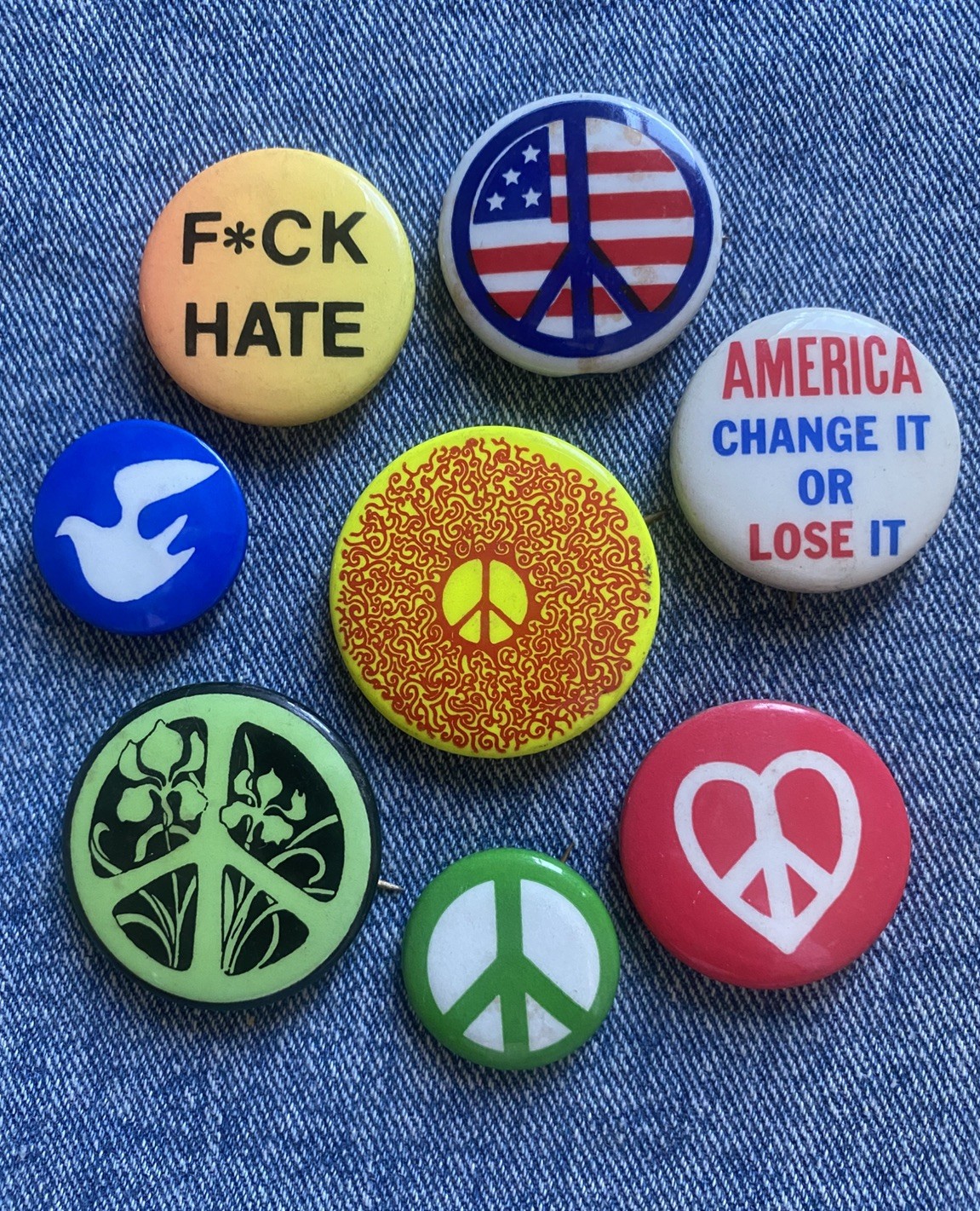 Pinback Button N,.O.S. 60\'s ANTI-WAR,  PEACE PROTEST, 8 Badge  Collection
