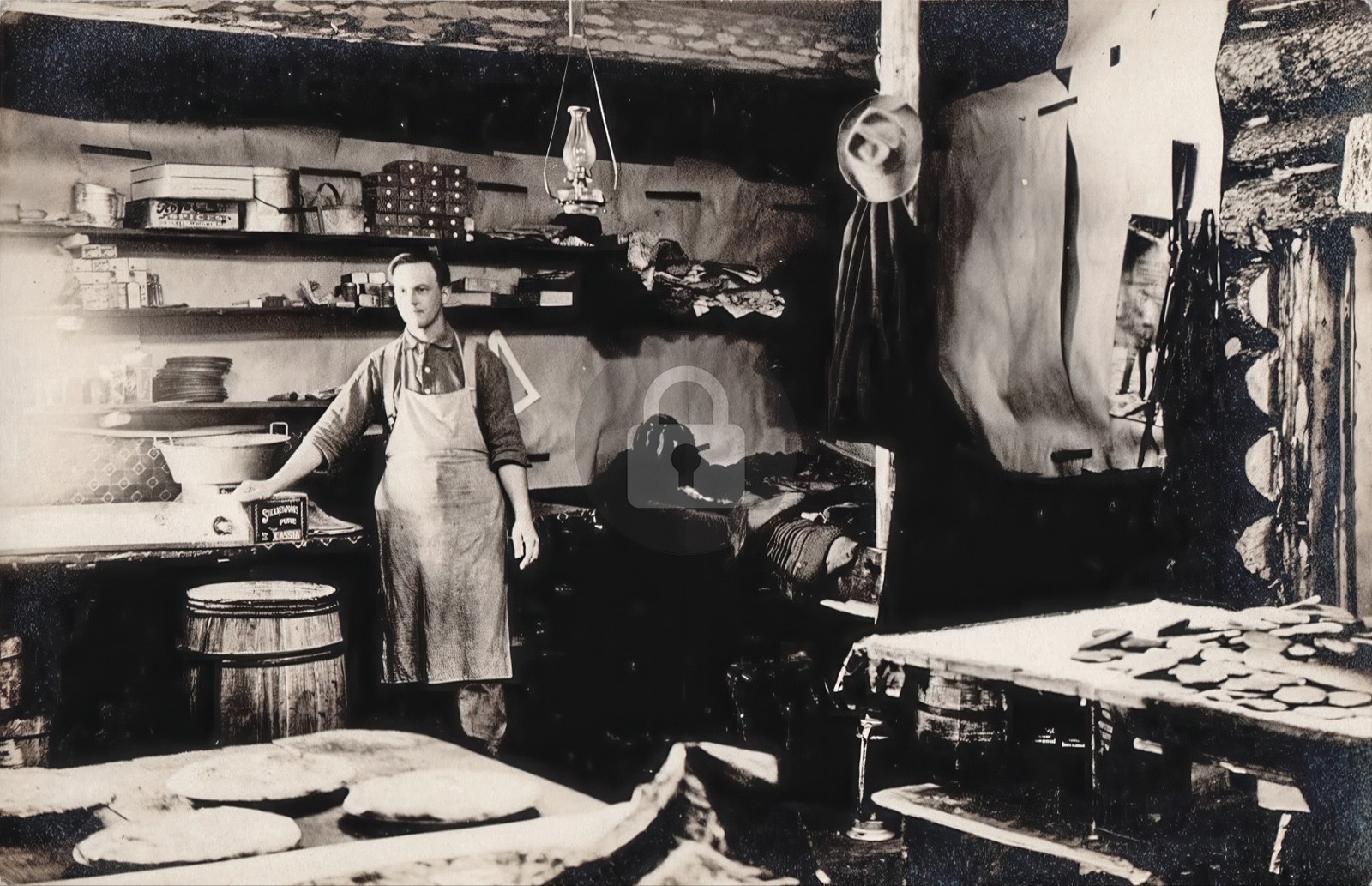 c1910's Log Cabin Kitchen Barrel Interior Cook RPPC Photo Postcard COPY