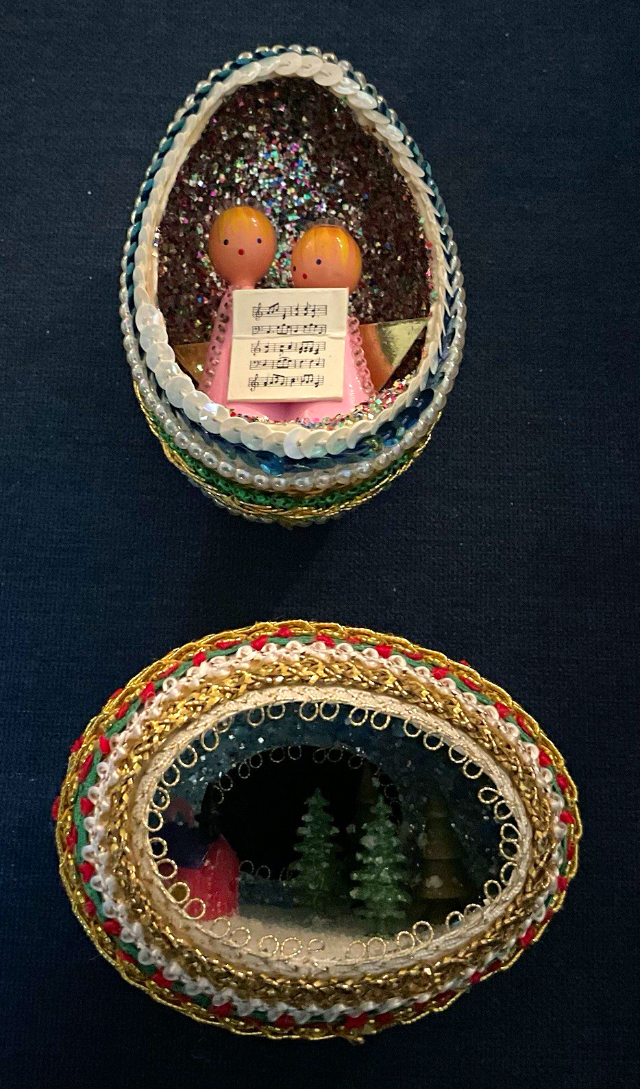 Two Vintage Christmas Sequin Diorama Eggs Angels Church
