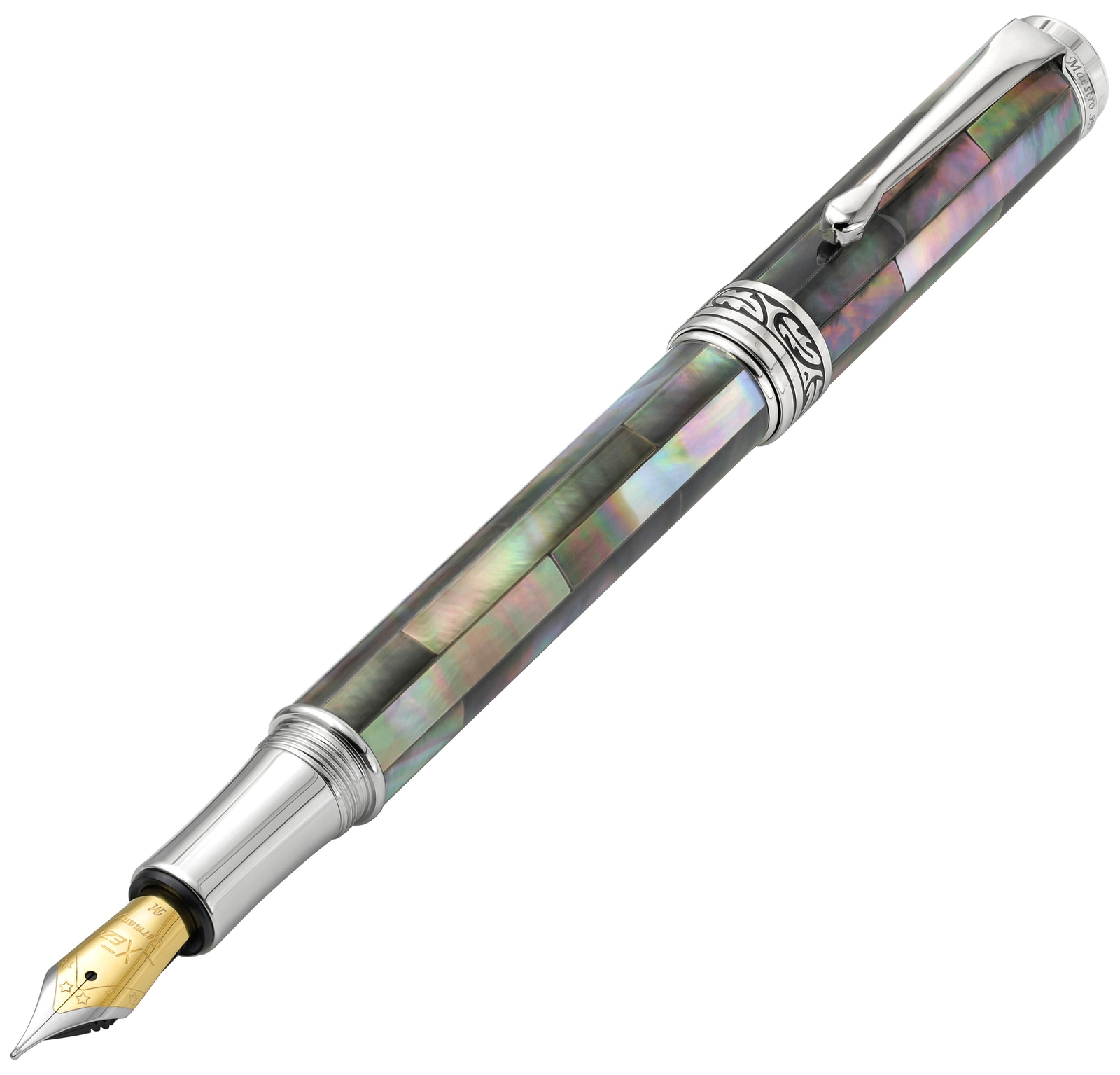 Xezo Maestro Medium Fountain Pen, Black Mother of Pearl. Handmade, LE