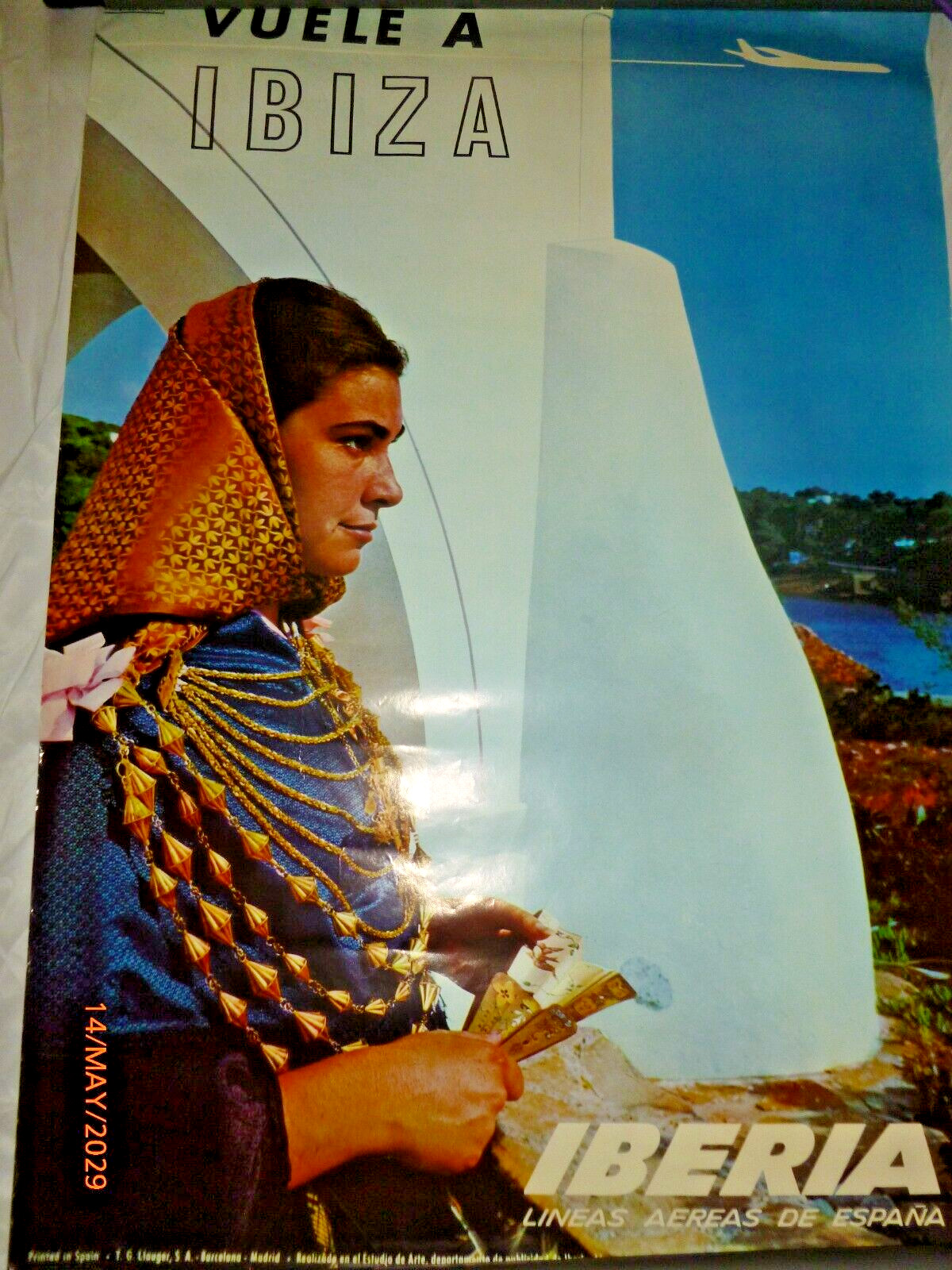 Vintage 1966 Iberia Airlines Ibiza Spain Travel Poster A Moreno Spanish 39x24