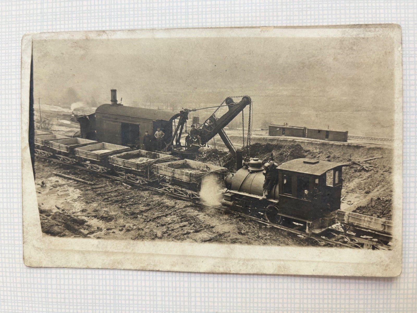 RPPC Industrial Steam Crane Derrick Locomotive Dump Cars Vintage Postcard
