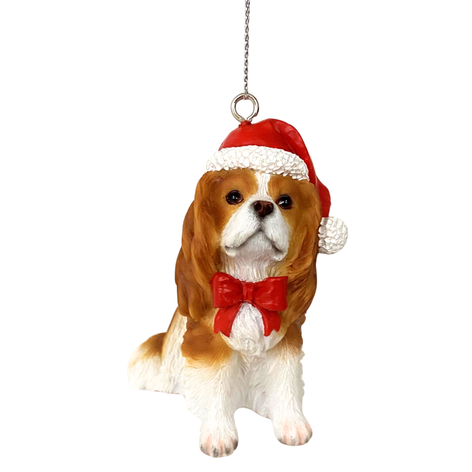 Cavalier King Charles Spaniel Dog Christmas Ornament Brown White Santa Hat