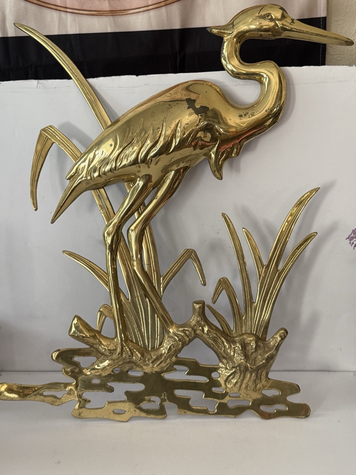 Vintage Gold Tone Brass Crane Heron Bird Sculpture Reeds Pond Decor