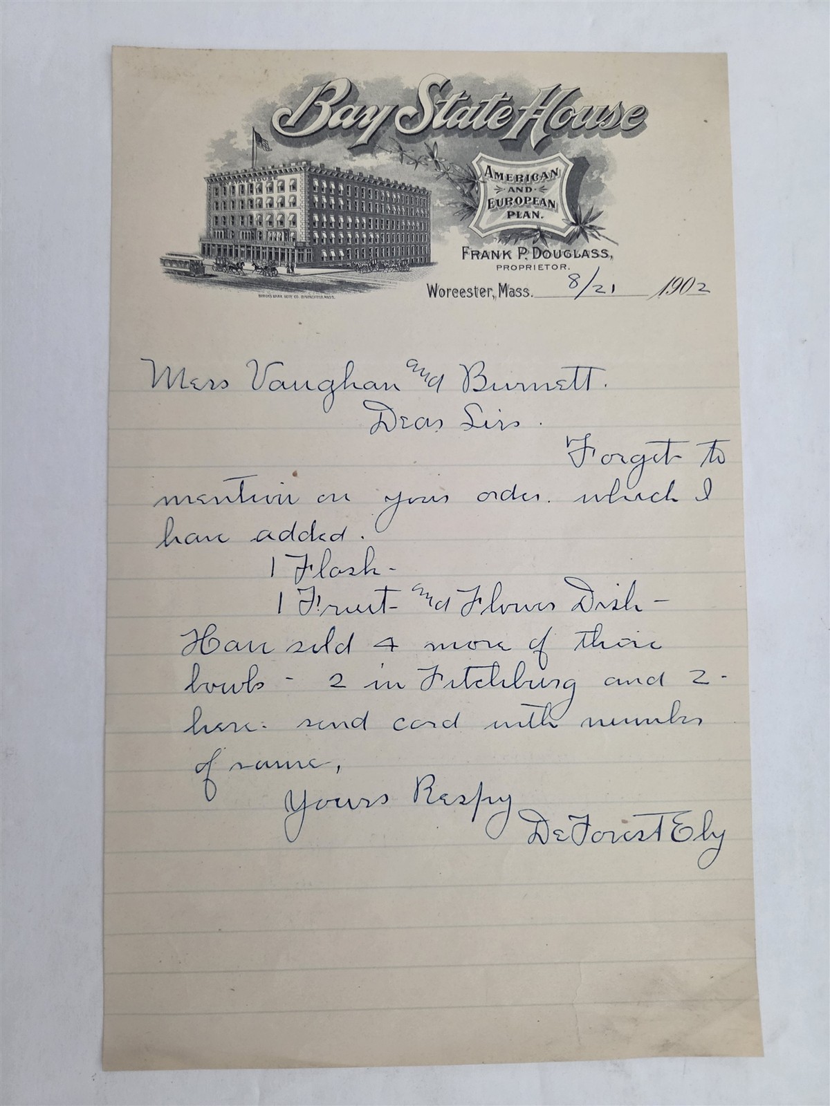 1902 antique BAY STATE HOUSE worcester ma HOTEL LETTERHEAD DeFOREST EBY signed