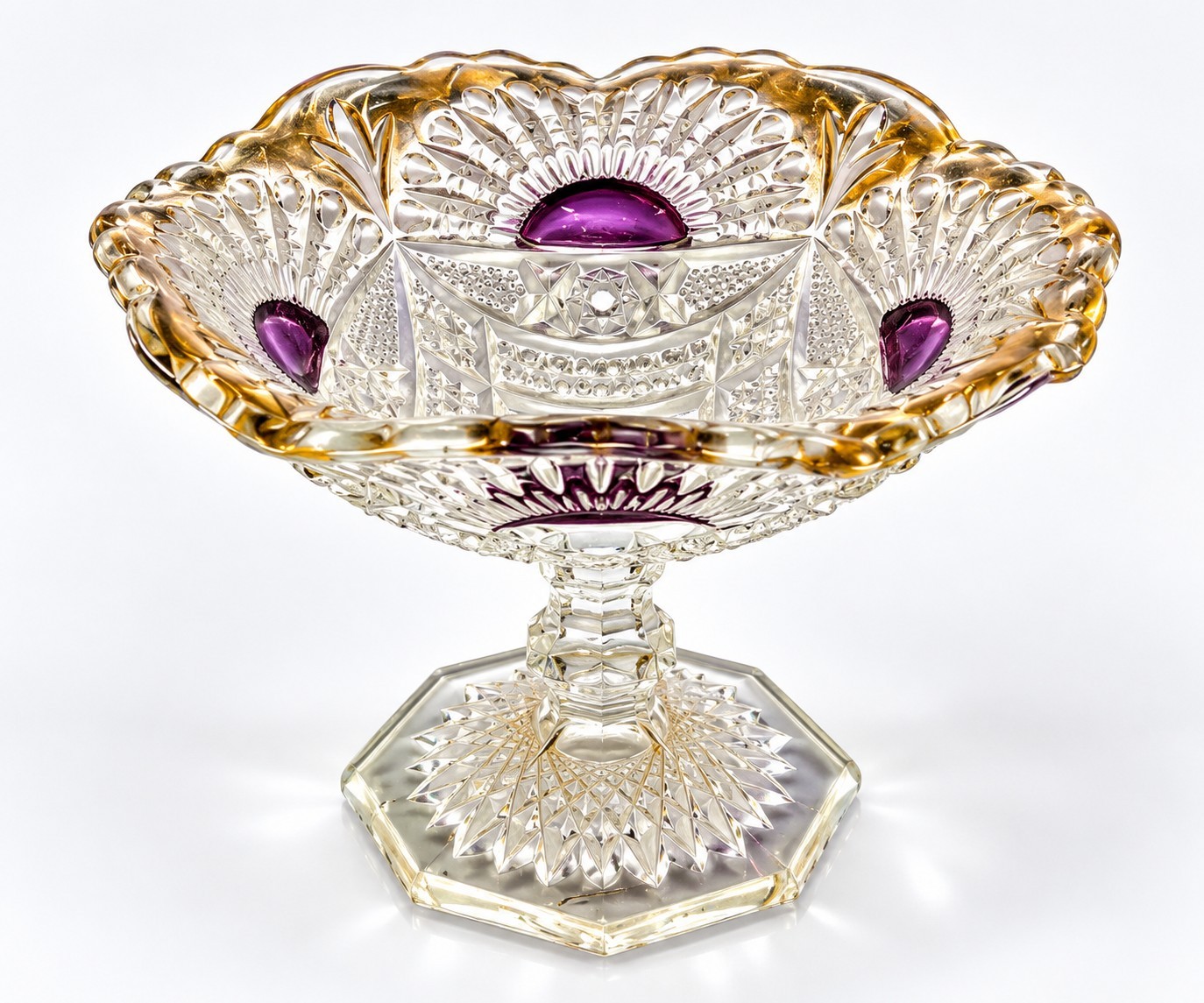 Vintage Diamond Cut Footed Glass Bowl Cranberry Gold Gilded Trim Pedestal Vintage Diamond Cut Footed Glass Bowl Cranberry Gold Gilded Trim Pedestal