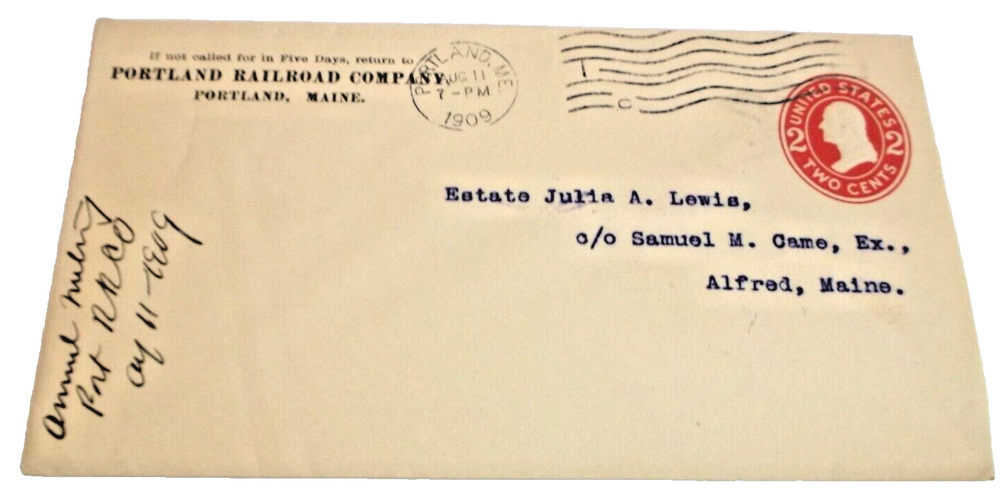 AUGUST 1909 PORTLAND RAILROAD USED COMPANY ENVELOPE