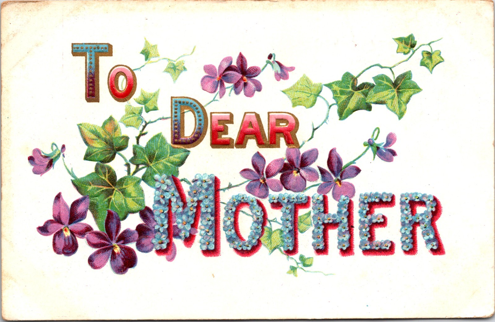 Vintage Embossed Postcard Large Letters To Dear Mother Purple & Blue Flowers