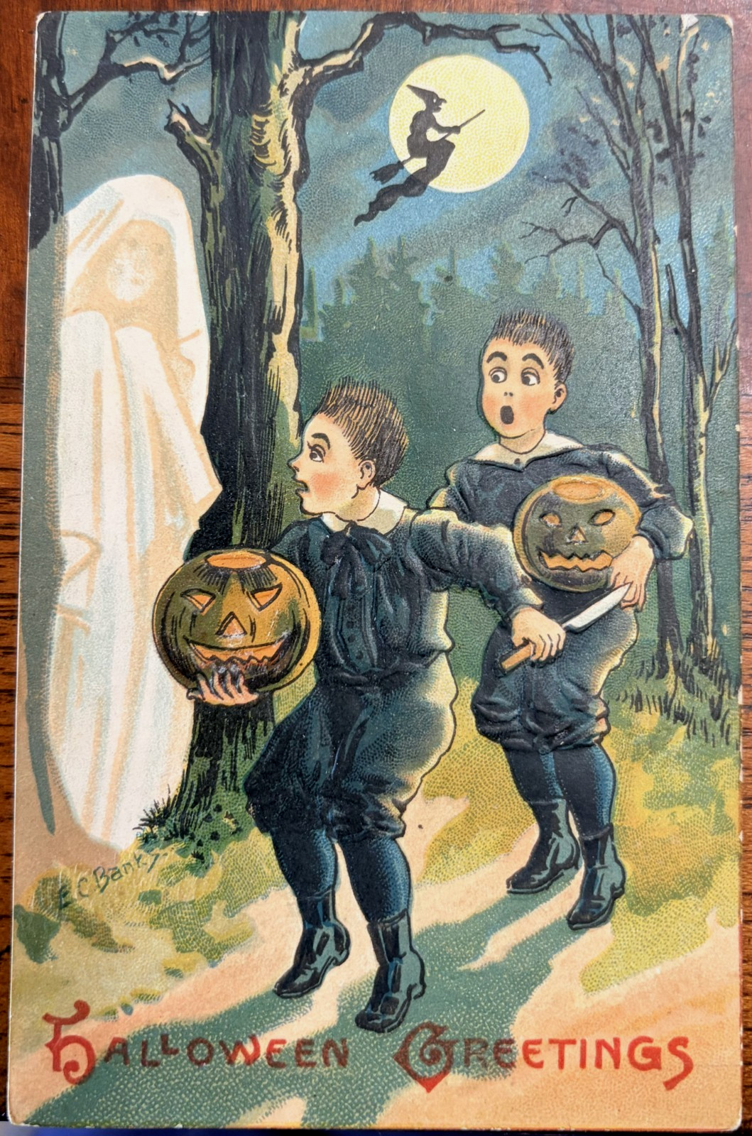 Vintage Scared Little Boys Ghost Witch Moon Jack OL Antique Halloween Postcard Vintage Scared Little Boys Ghost Witch Moon Jack OL Antique Halloween Postcard