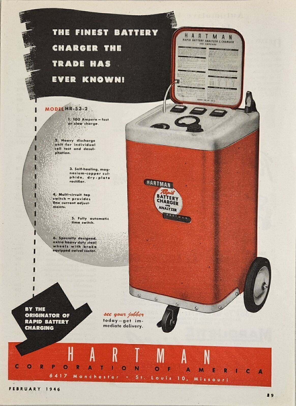 1946 Print Ad Hartman Rapid Battery Chargers & Analyzers St Louis,Missouri