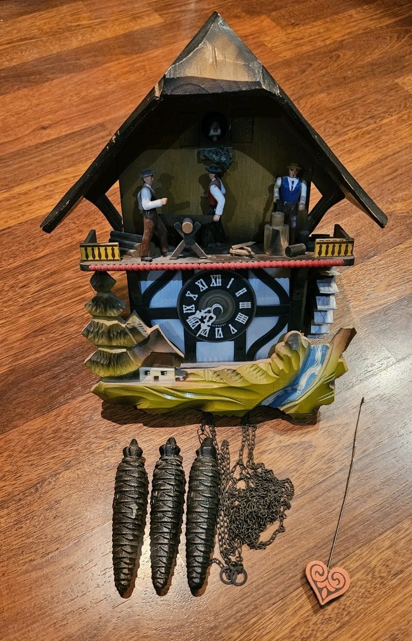Vintage W. German E. Schmeckenbecher Black Forest Cuckoo Clock w/musical sawmill