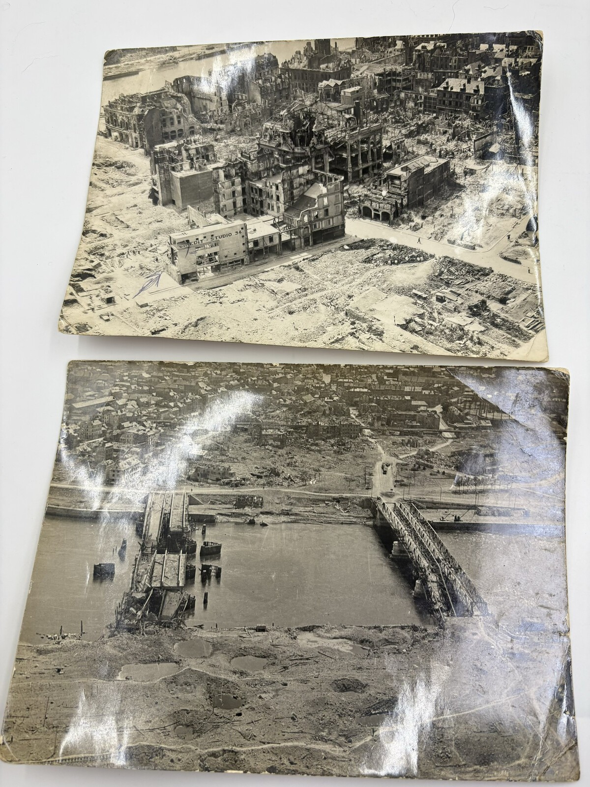 Pair Original WWII Rouen France Bomb Damage Bridge Photos 1944