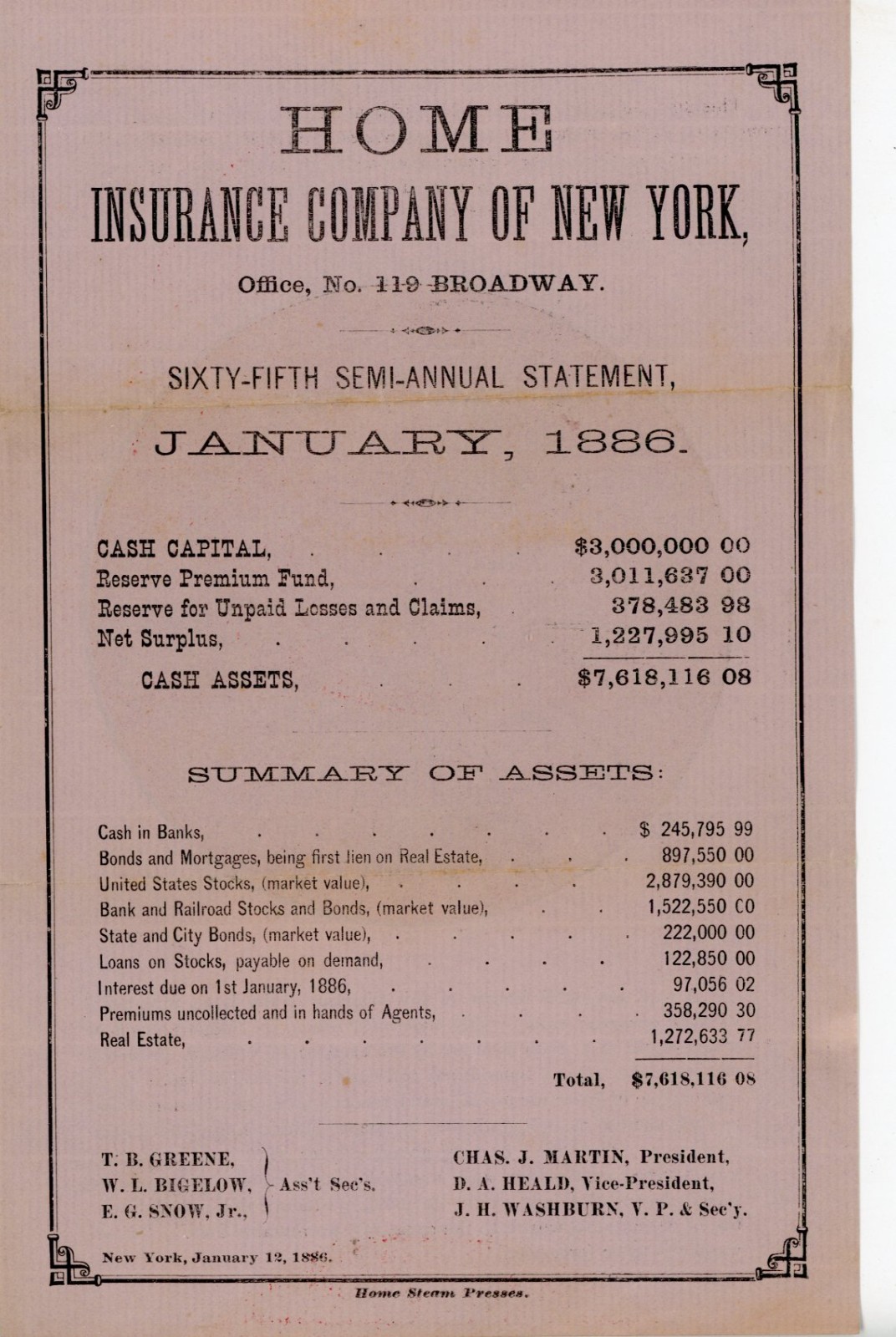 1886 Home Insurance Co NY Semi-Annual Statement + Fire Causes Chart Antique Broa 1886 Home Insurance Co NY Semi-Annual Statement + Fire Causes Chart Antique Broa