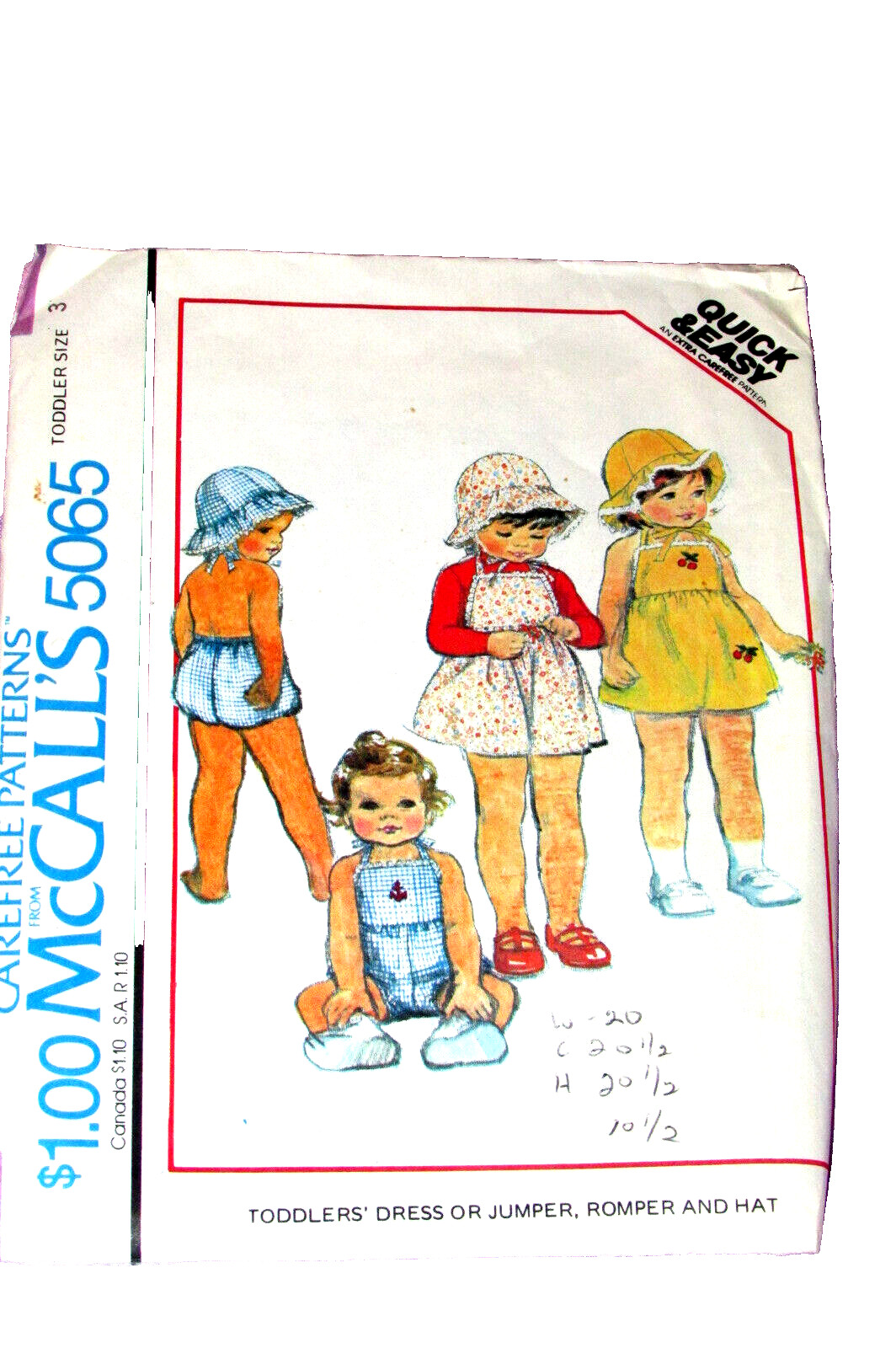McCALL'S 5065 girl's size 3 dress or jumper, romper, hat/quick n easy (sew drwr McCALL'S 5065 girl's size 3 dress or jumper, romper, hat/quick n easy (sew drwr