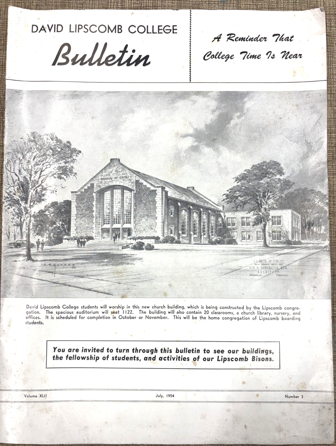 VTG. 1954 DAVID LIPSCOMB COLLEGE BULLETIN NEW GRANNY WHITE CHURCH OF CHRIST TN