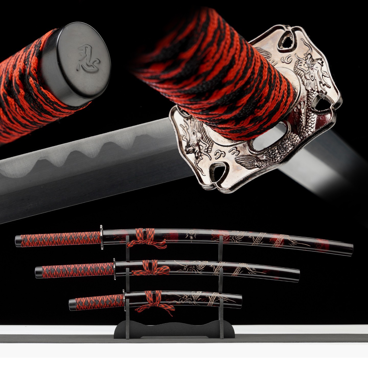 3Pcs Japanese Samurai Sword Set Katana Dragon Tsuba Display Carbon Steel 3Pcs Japanese Samurai Sword Set Katana Dragon Tsuba Display Carbon Steel
