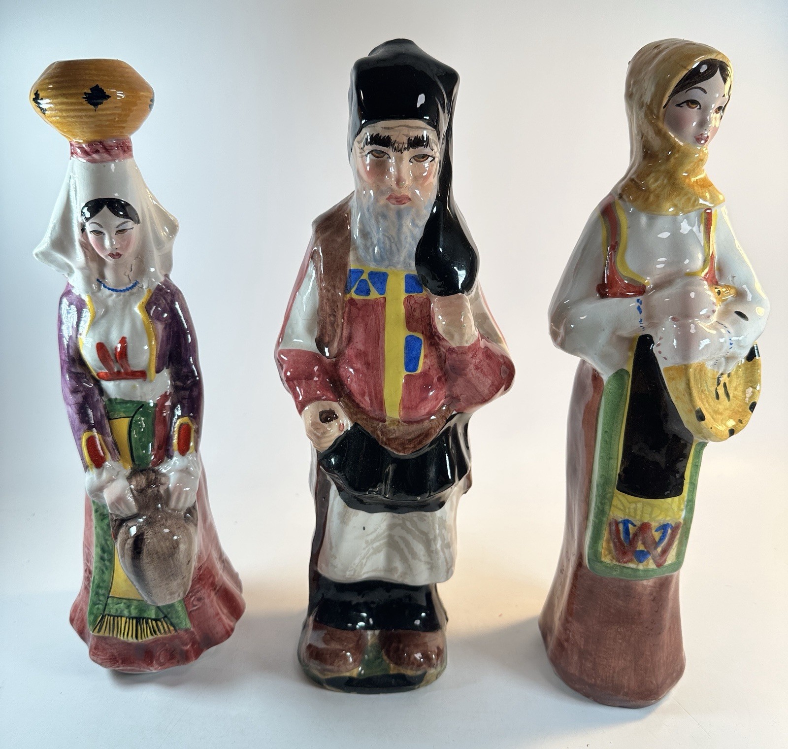 Set 3 F. Mol Cagliari Italian Ceramic Figurine Bottles Sardinia 1950s Hand Paint