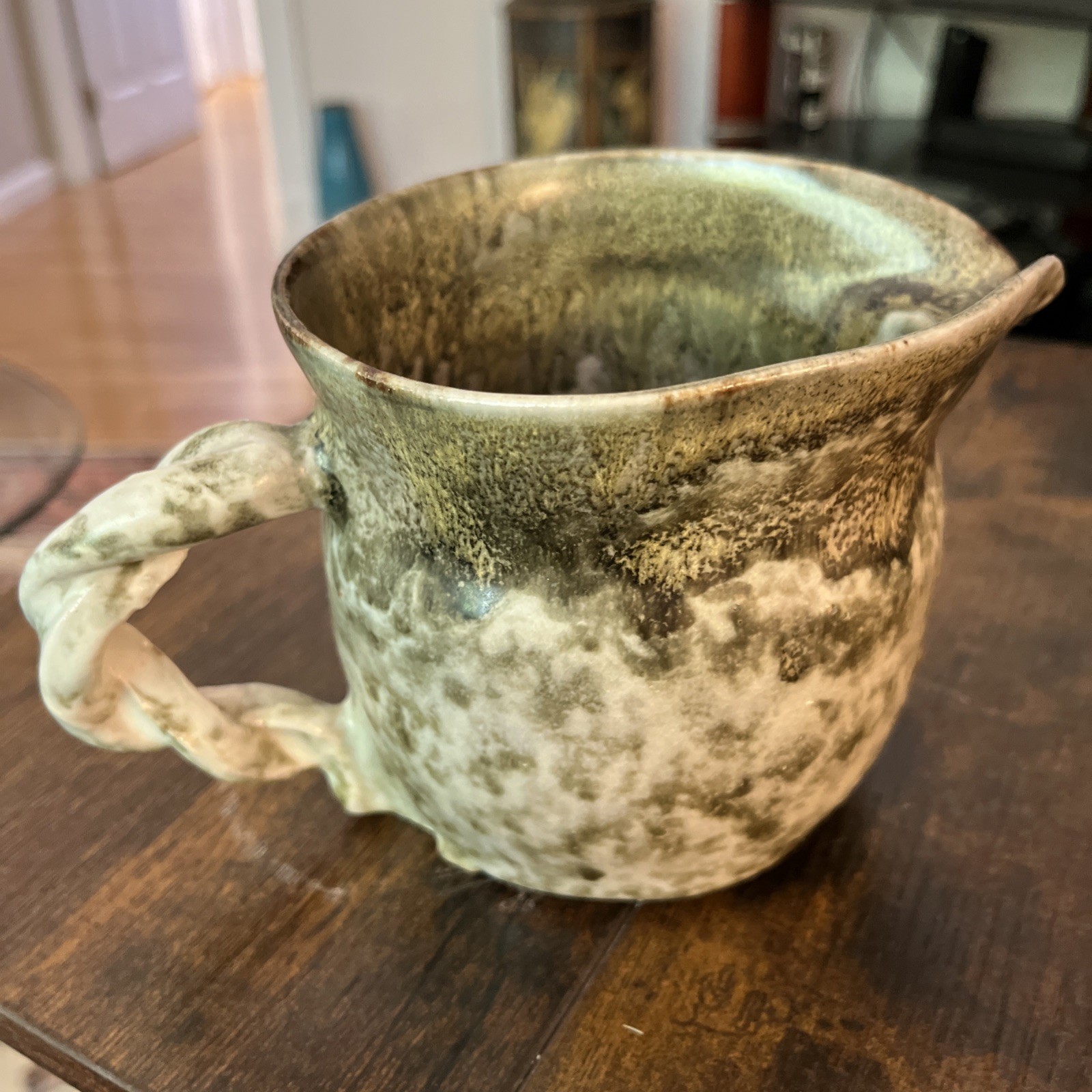 Vintage Art Pottery Pitcher Green Cream Drip Glaze Twisted Rope Handle 4.7”