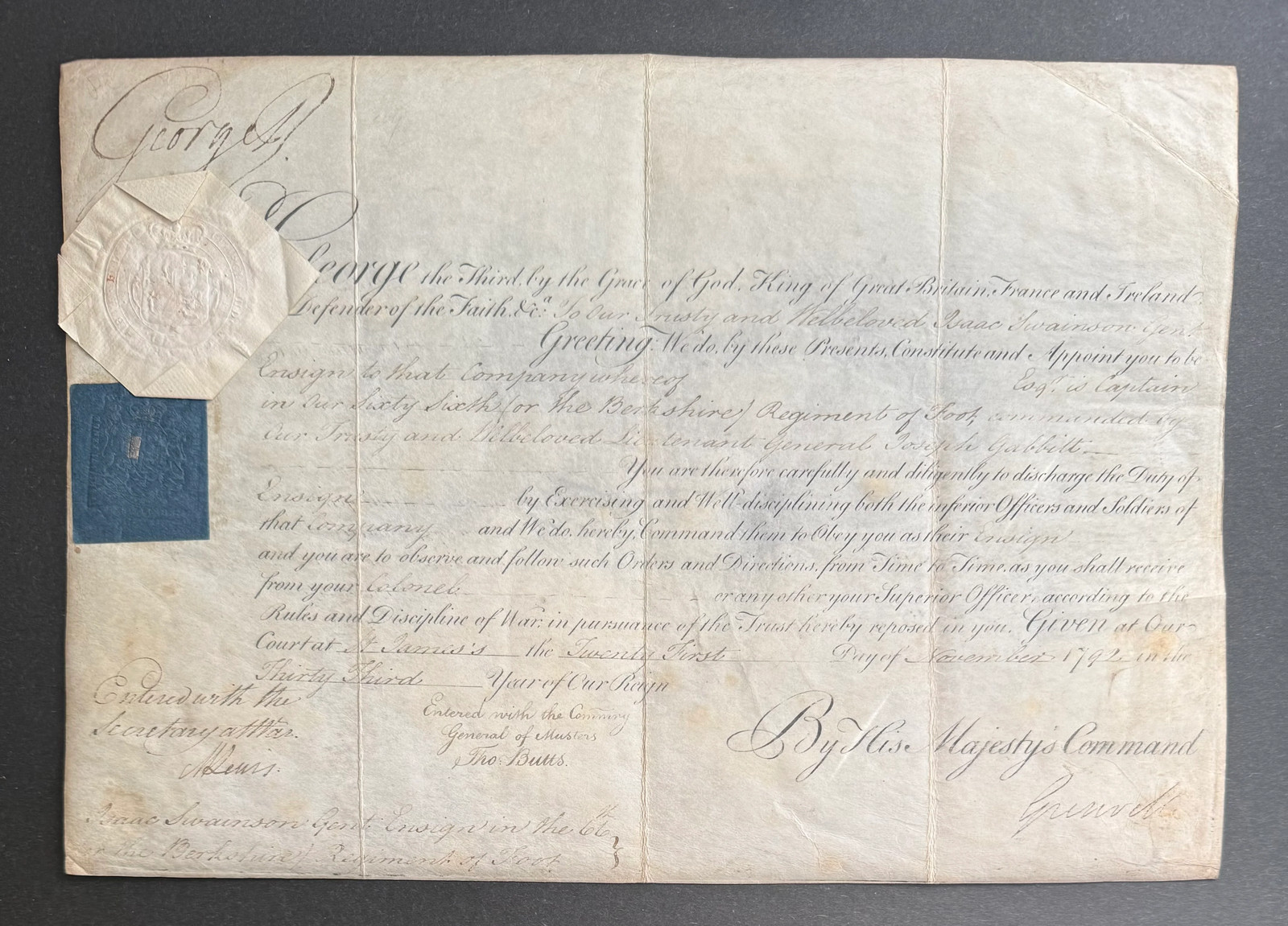 King George III–Signed 1792 British Army Commission — 66th Berkshire Regiment