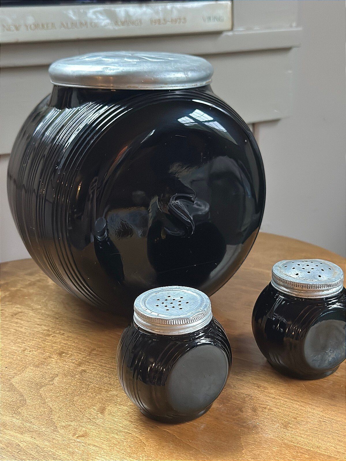 Antique L.E. Smith Black Amethyst Sellers Kitchen Cabinet 3pc Range Canister Set