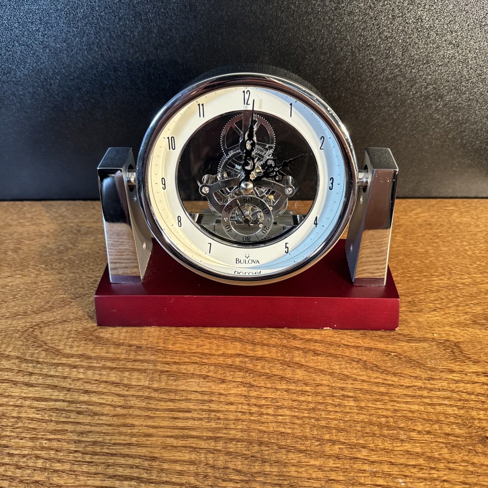 Bulova B7520 Largo Desk Clock - Mahogany Skeleton Mechanical Gear - WORKING 