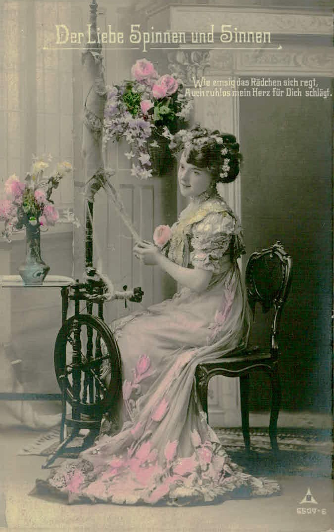 Vtg c1910 German Romance Postcard Lady Spinning Wheel Radium Brom Paper