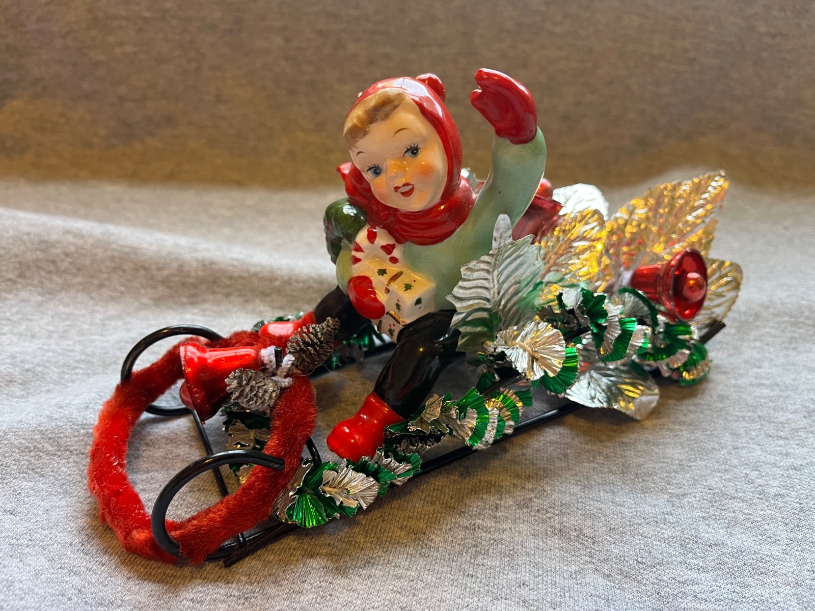Vintage Napco OOAK Christmas Girl in Sleigh Figurine Holiday Decor Vintage Napco OOAK Christmas Girl in Sleigh Figurine Holiday Decor