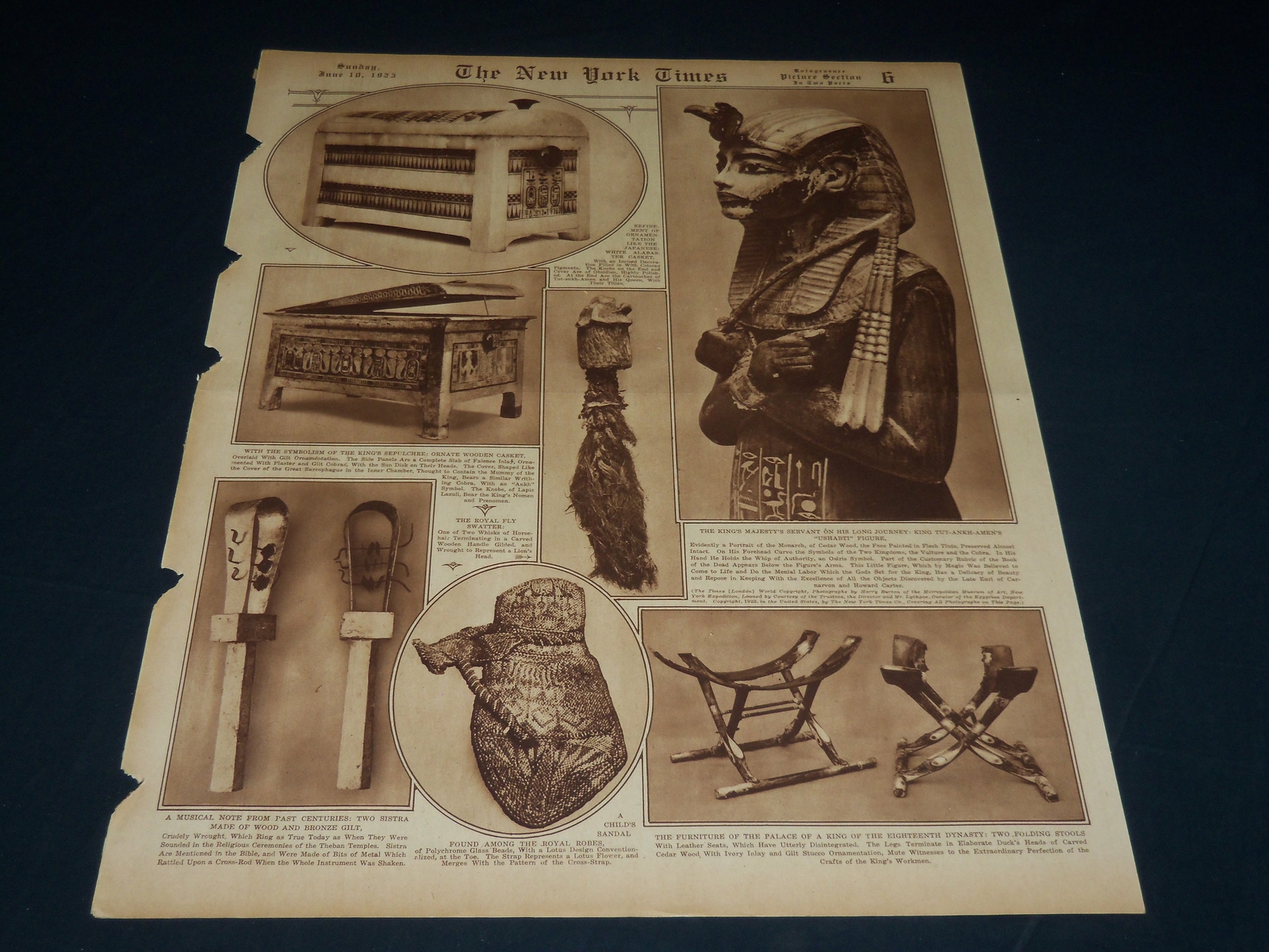 1923 JUNE 10 NEW YORK TIMES PICTURE SECTION NO. 6 - KING TUT ARTIFACTS - NT 8879