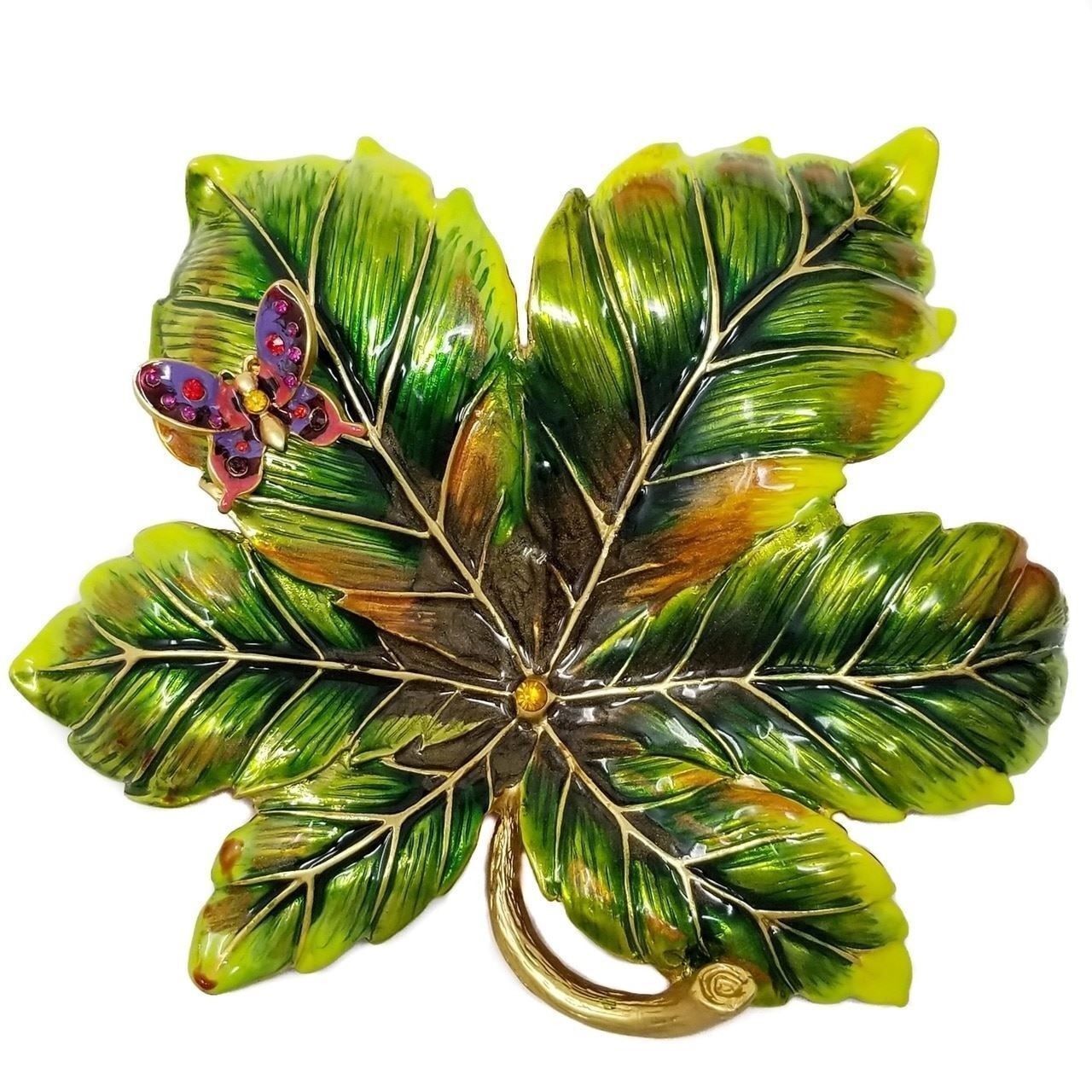 Jay by Jay Strongwater Enamel Painted Leaf Tray Green Enamel and Crystals