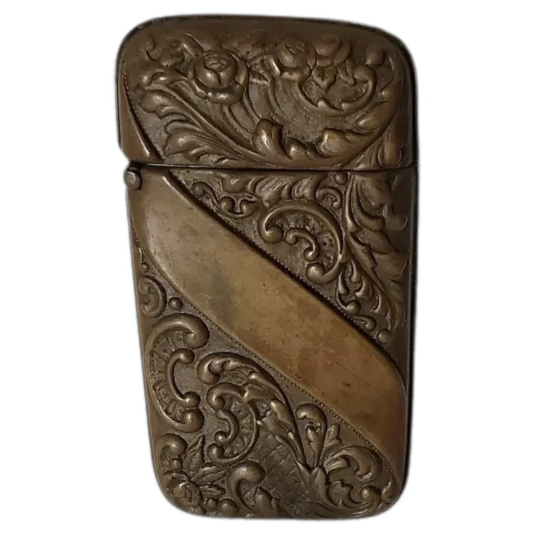 Antique Victorian Brass Floral Match Safe Vesta Pocket Matchsafe
