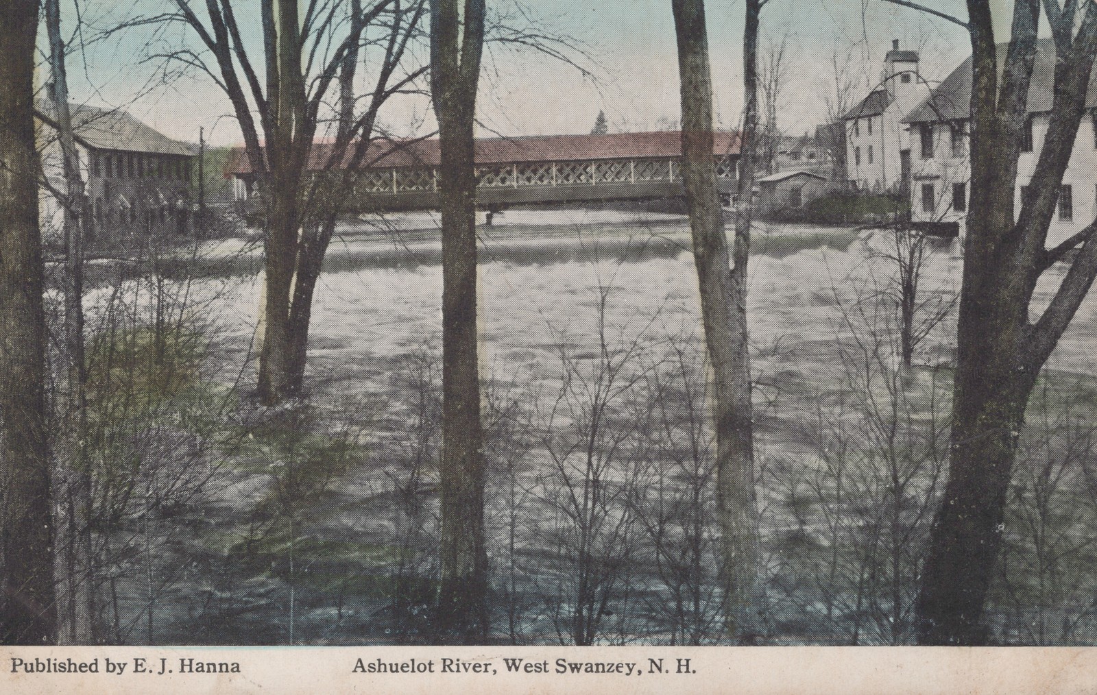 Ashuelot River Covered Bridge West Swanzey NH Postcard c.1910s E.J. Hanna