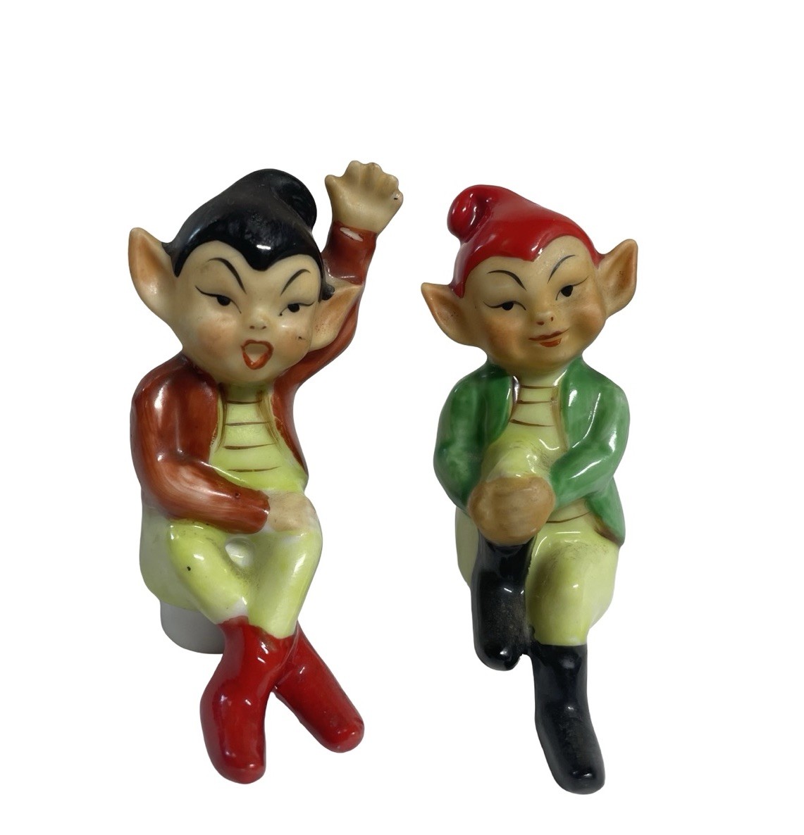 Vintage Pixie Elf Whimsy Japan MCM Sitting Porcelain Salt & Pepper Shaker Set Vintage Pixie Elf Whimsy Japan MCM Sitting Porcelain Salt & Pepper Shaker Set