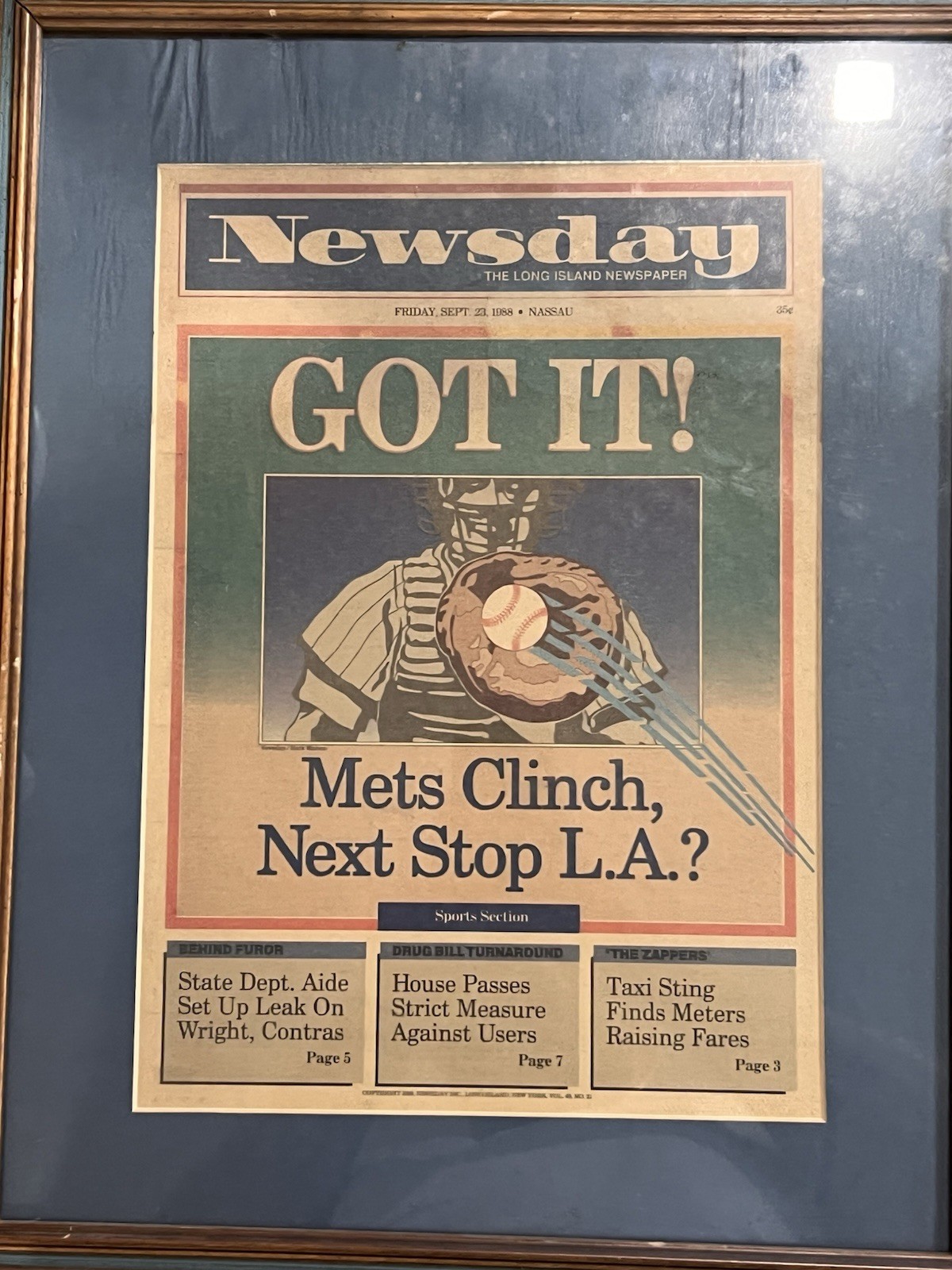 VINTAGE 1988 Newsday Newspaper METS CLINCH NL East Title Front Page Framed 9/23