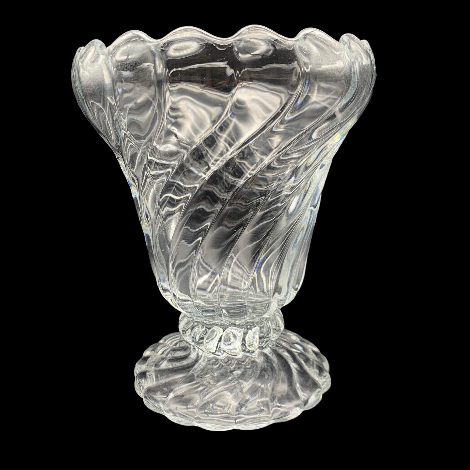 Vintage Fostoria Colony Crystal Heavy Swirl 7” Tall Vase Footed Base Cupped Rim 