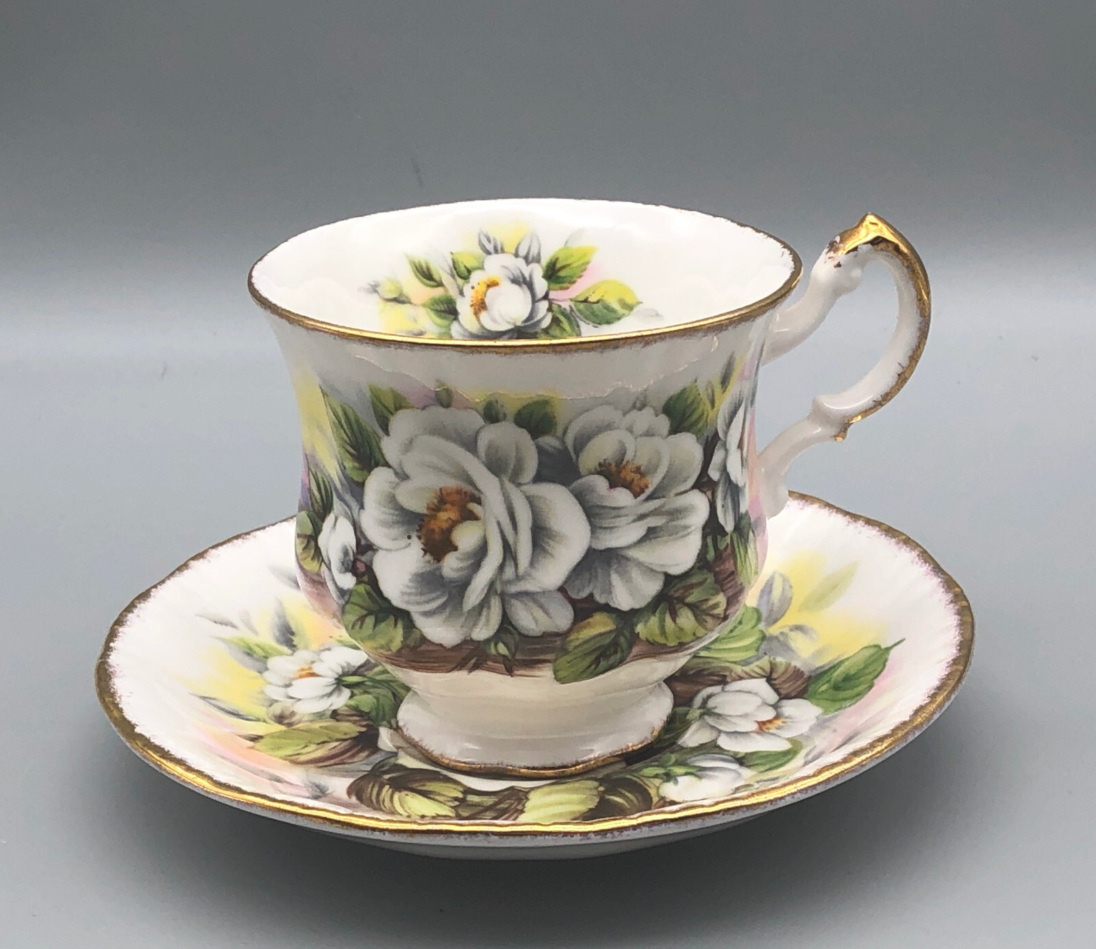 Vintage Paragon Fine China Cup & Saucer Set Marlborough Big White Roses