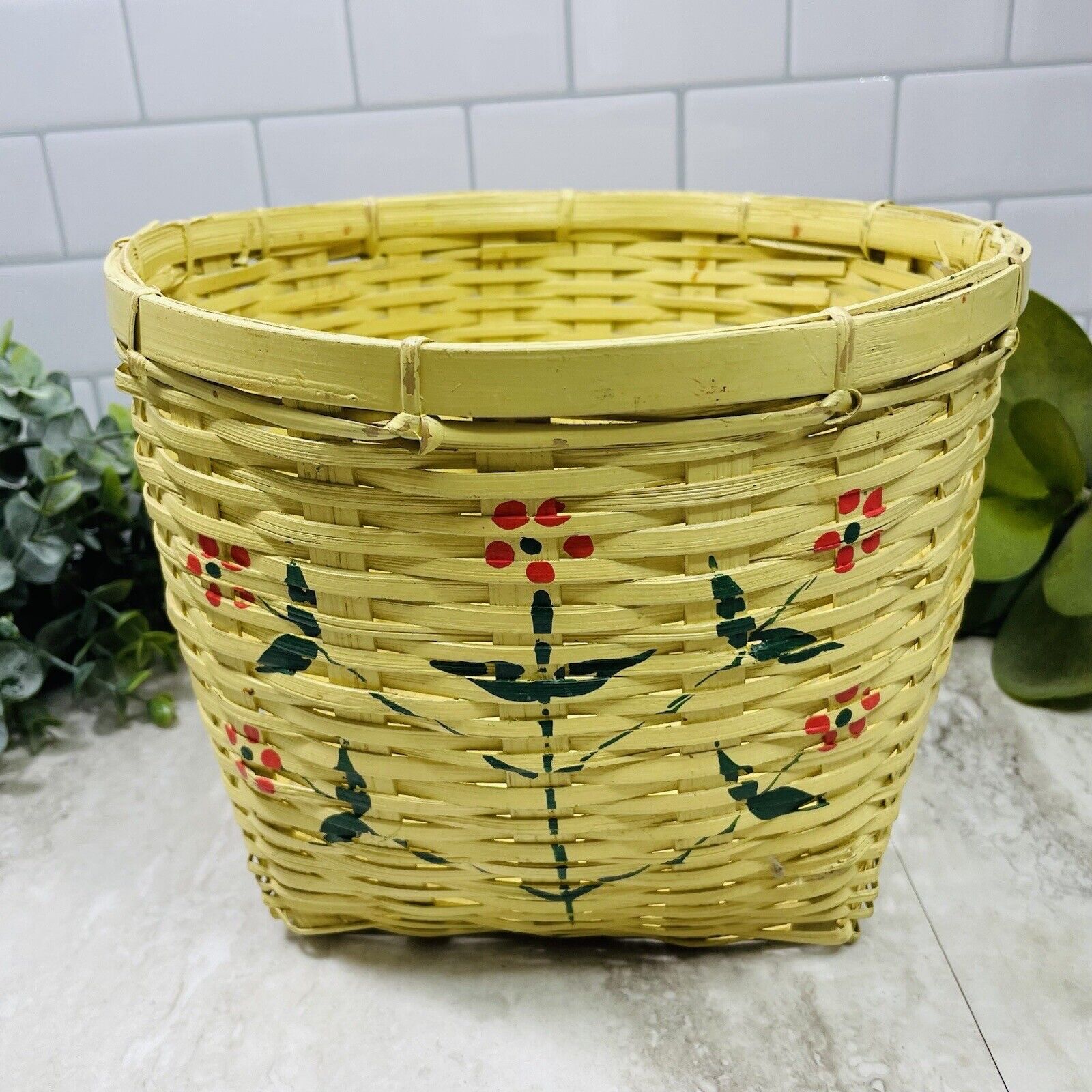 Vintage Old Yellow Hand Painted Woven Wood Basket Red Flower Storage 9”