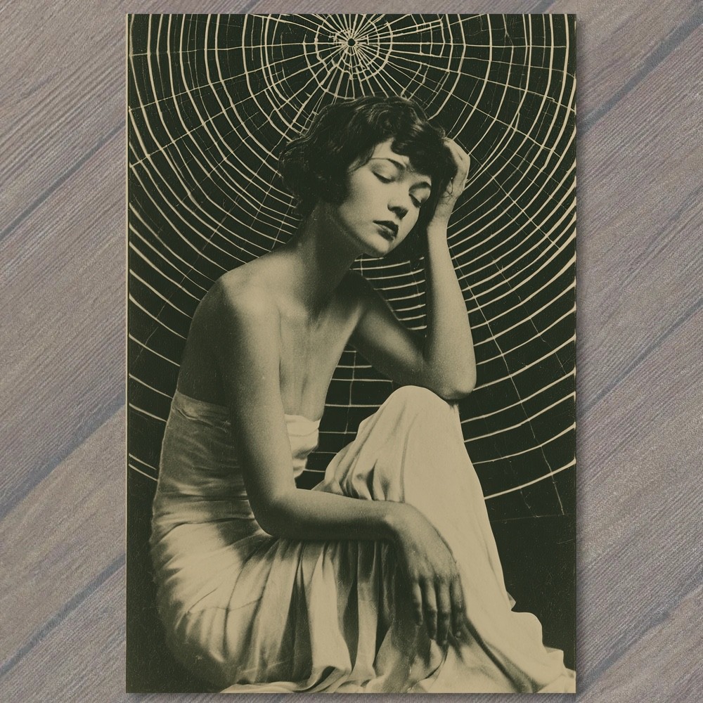 POSTCARD Flapper Woman Spider Web Surreal Black White Glamour Satin Dress 1920s POSTCARD Flapper Woman Spider Web Surreal Black White Glamour Satin Dress 1920s