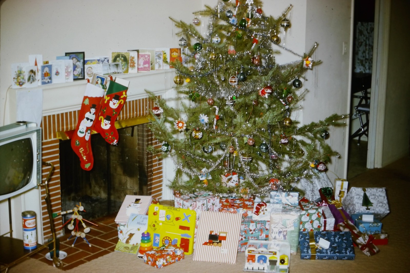 c1960's 35mm Slide, Mid Century Christmas Tree Fireplace 1960s Brick Mod c1960's 35mm Slide, Mid Century Christmas Tree Fireplace 1960s Brick Mod