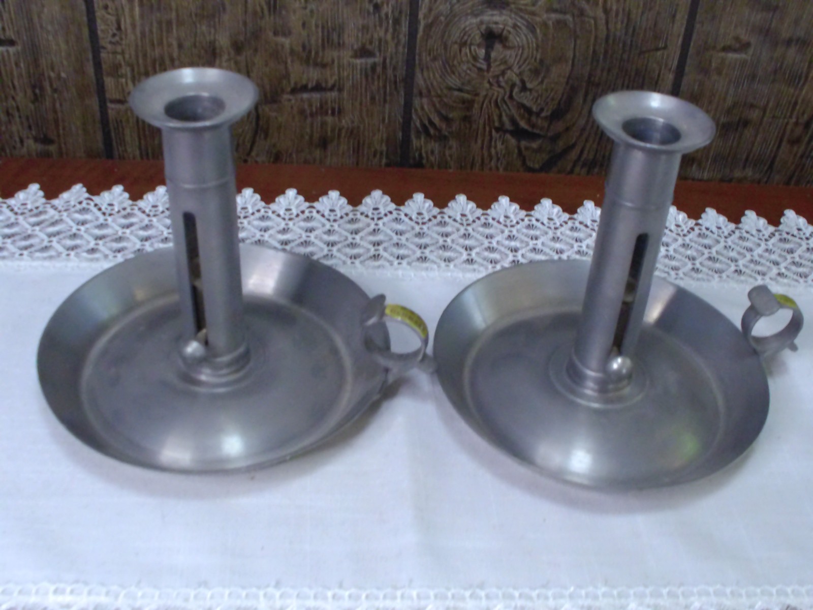 2Vtg Denmark Pewter Push Up Chamberstick - Antique Colonial Design Candle Holder