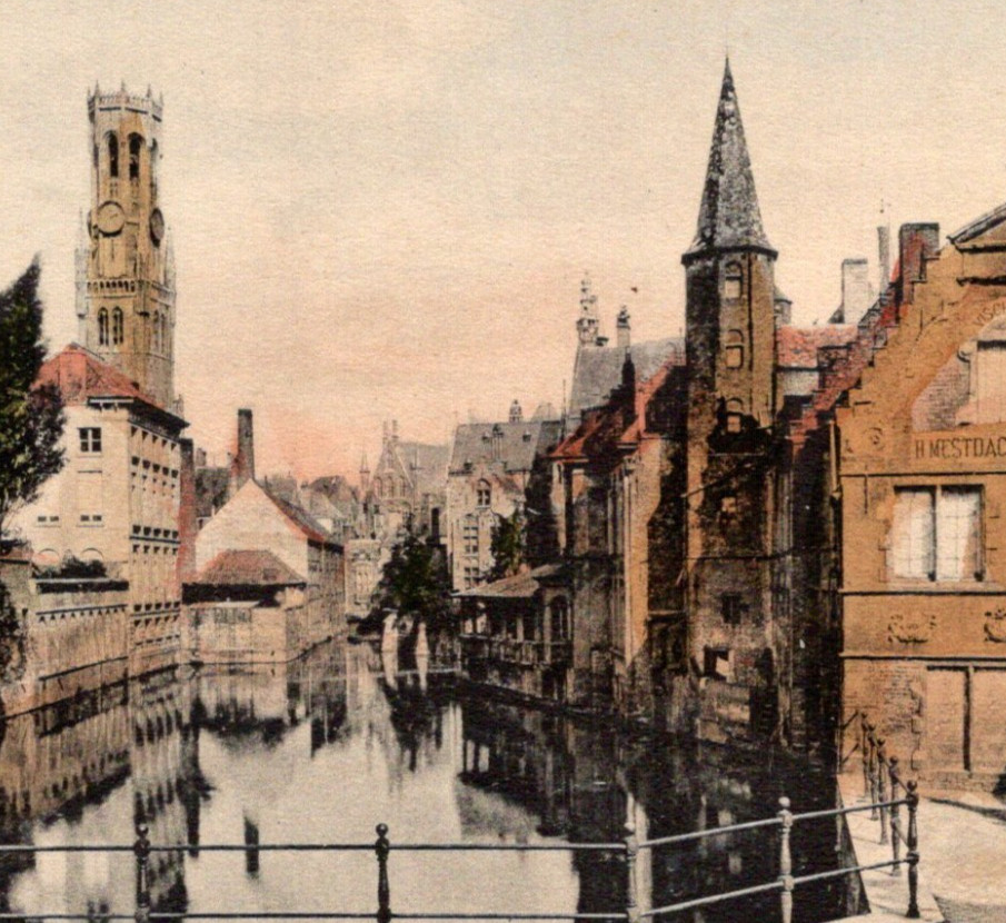 * Antique DB Quai Du Rosaire & Belfry Of Bruges Belgium Hand Tint c1900s