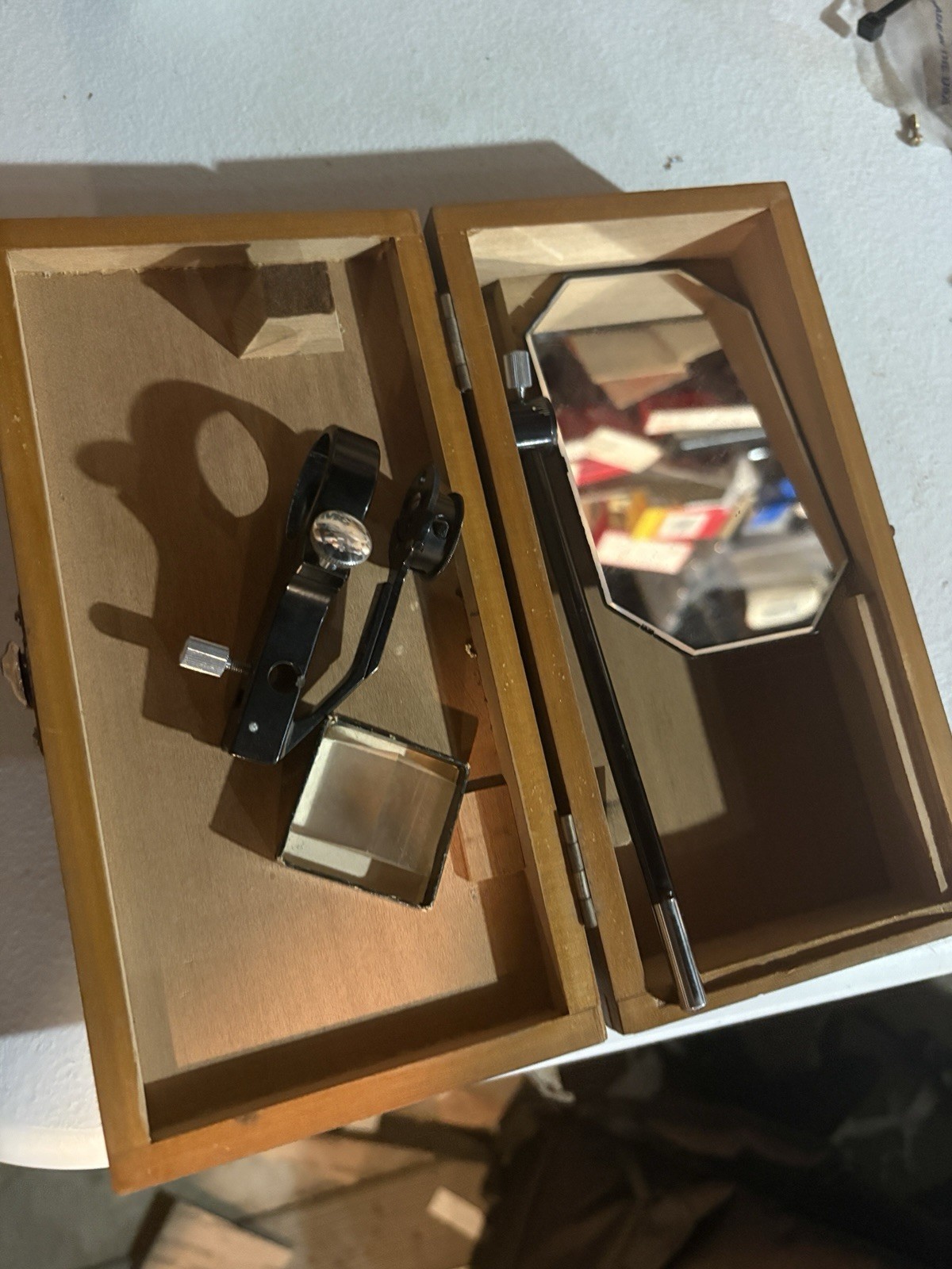 Vintage Bausch & Lomb Microscope Optical Accessory Mirror Prism Set Wood Case