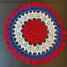 Vintage Handmade Crochet Doily Red White Blue Patriotic Round Scalloped 12 Inch picture