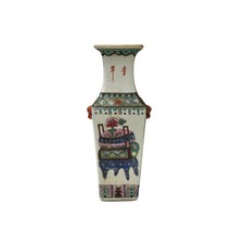 Chinese White Canton Famille Mille Graphic Square Porcelain Vase ws4888 picture