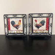 Vintage Rooster Tile Trivet Black Metal Frame Home Decor 6